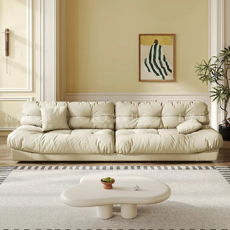 Designer Leather Couch Vintage Cream Style Split Modular Sofa with Loose Throw Pillows for Large Sunlit Living Room furniture