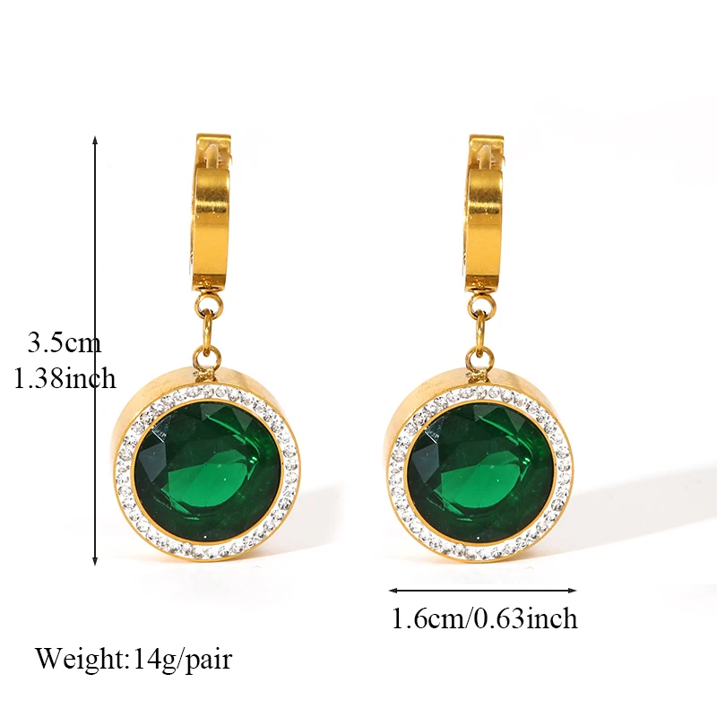 EILIECK 316L Stainless Steel Round Green Zircon Earrings For Women Fashion Ear Dangle Waterproof Jewelry Holiday Gift Bijoux