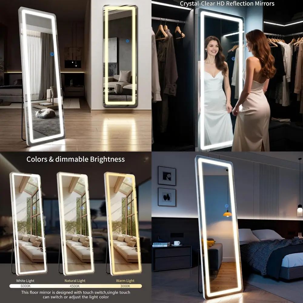 LED Full Length Floor Mirror 63x20 with Rounded Corners, Dimmable 3-Color Lights, Stand-in Full Body Mirror