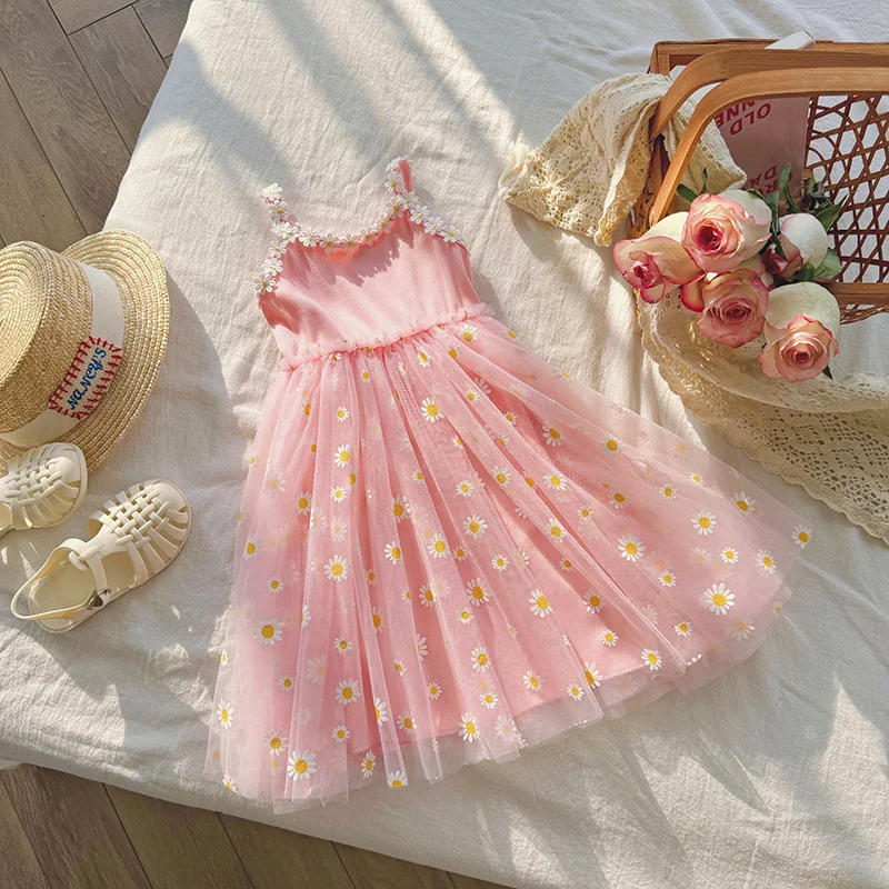 Girls Floral Tulle Summer Dress Daisy Print Lace Tutu Princess Beach Dress Spaghetti Strap Sleeveless Dress Baby Clothes 1-10Y