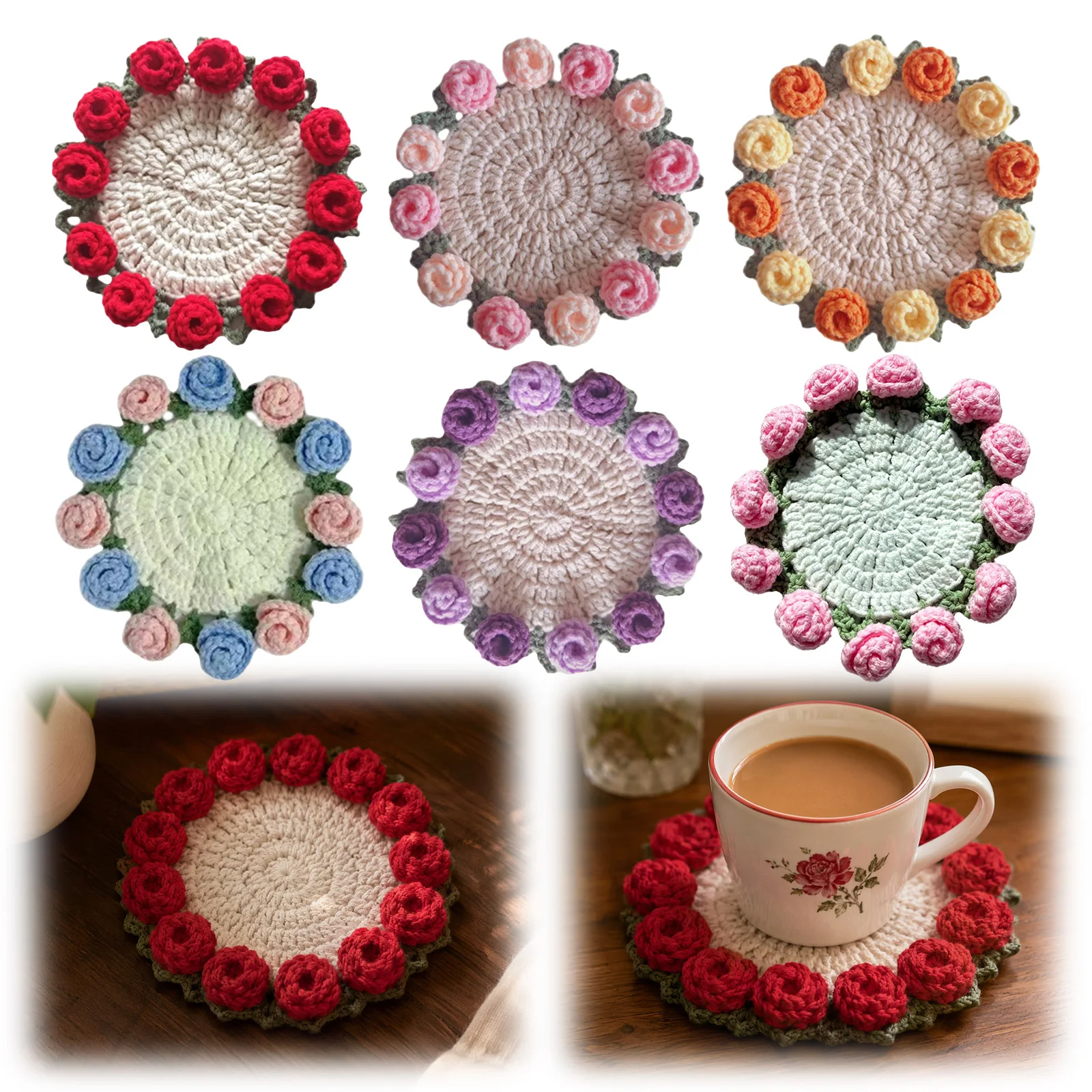 Hand-Knitted Rose Coasters Isolate Cup Stains Table Decor Gift Handcrafted Table Mat for Various Festive Occasions Gifts