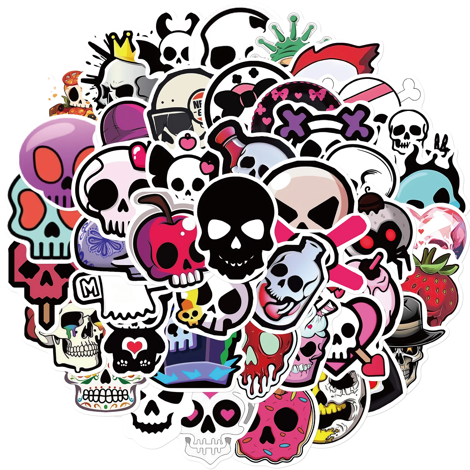 Cabeça do crânio dos desenhos animados adesivos, impermeável, manuais, casos de telefone, laptop, skates, bagagem, 52pcs