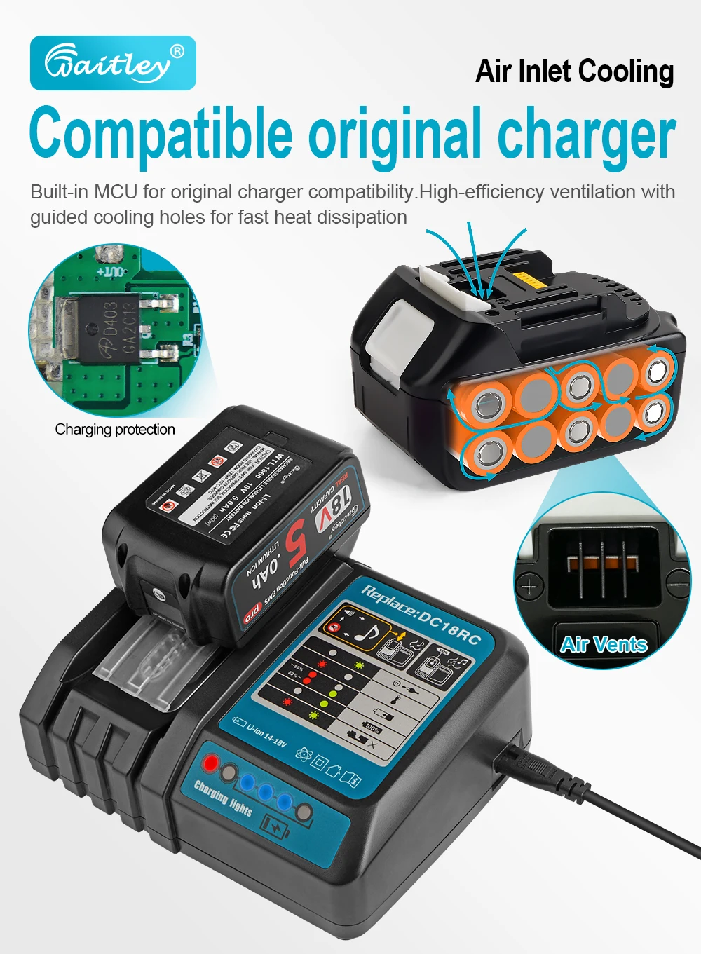 Waitley 5Ah Akku Pro für Makita 18V Elektrowerkzeuge, wiederaufladbare Akkus mit SunPower-Zellen / Ersatzzubehör BL1850 – Detail 7