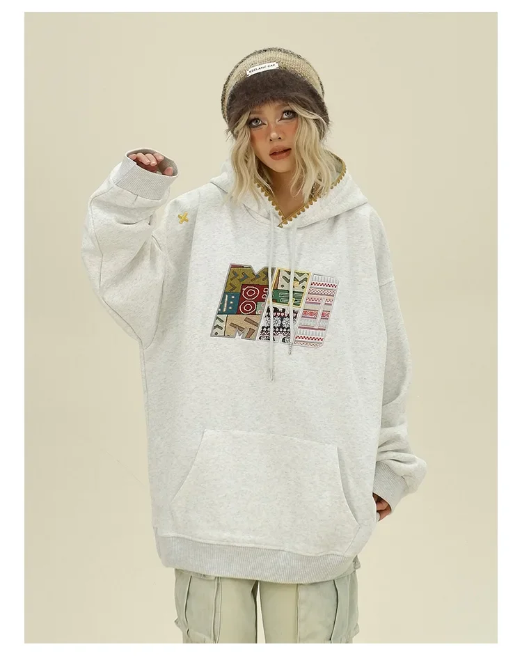 Ethnic Style Patch Embroidered Hoodies 2024 Autumn New Loose Bf Top Women