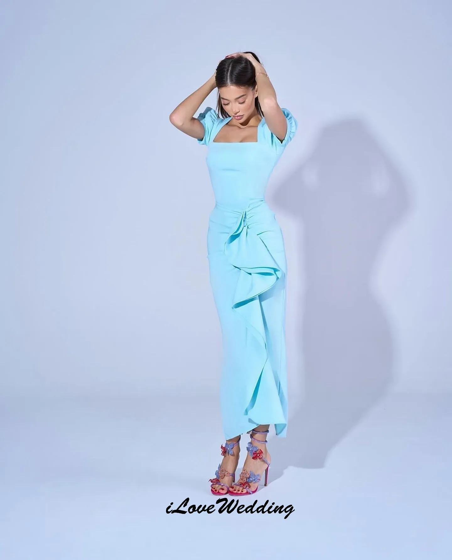 

Sky Blue Square Neck Prom Dresses Short Sleeve Mermaid Women Party Dress Ruffles Ankle Length Formal Gowns For Women Customized