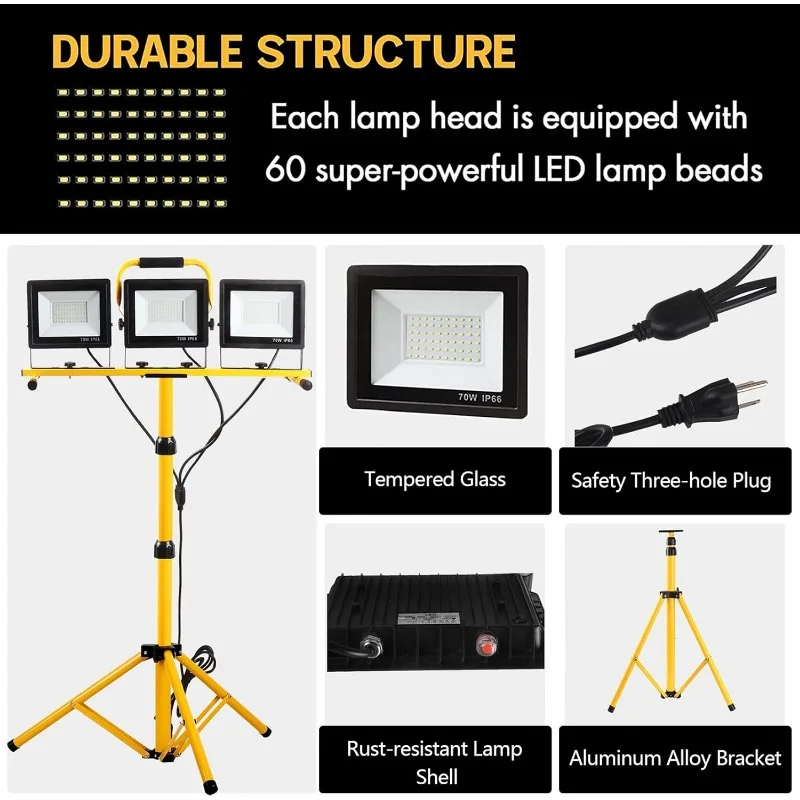 21000 Lumen Work Lights with Stand, 3 Adjustable Head LED Work Light, with Adjustable and Foldable Tripod Stand