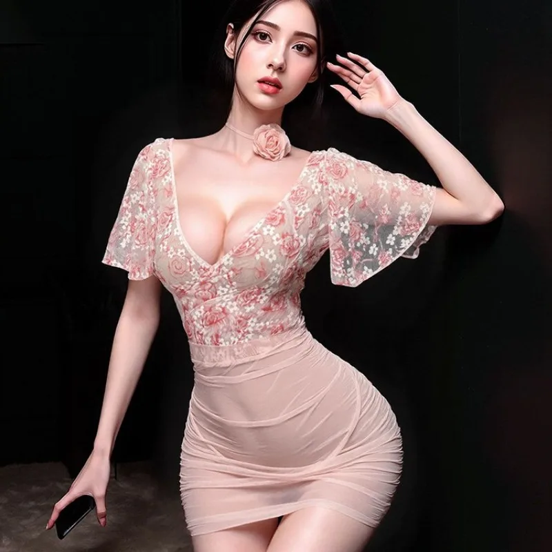 섹시한 시스루 딥 V 플로럴 로즈 라이트 얀 하이웨이스트 힙 랩 스커트 섹시 유니폼 에로틱 속옷 세트