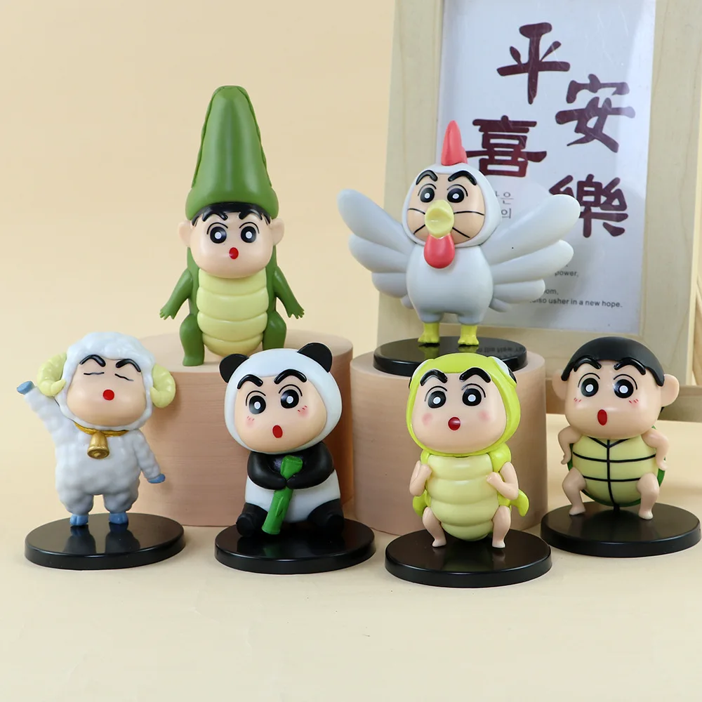 6pcs/set Anime Crayon Shin-chan COS Bees turtles crocodiles Q Version Action Figure PVC Model Statue Toys Doll Desk Decor Gifts