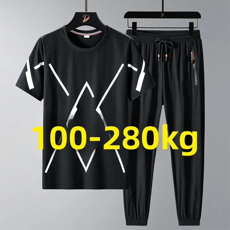 

Мужской комплект из ледяного шелка: футболка и шорты для лета, повседневный спортивный стиль, большие размеры, модная мужская одежда, комплект для полных мужчин