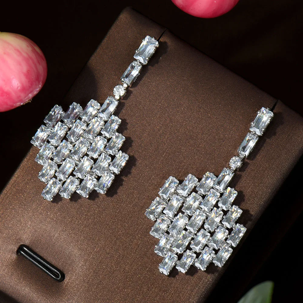 

HIBRIDE Trendy Cubic Zirconia Baguette Women Drop Earrings For Bridal Wedding Jewelry Long Earrings pendientes mujer moda E-731