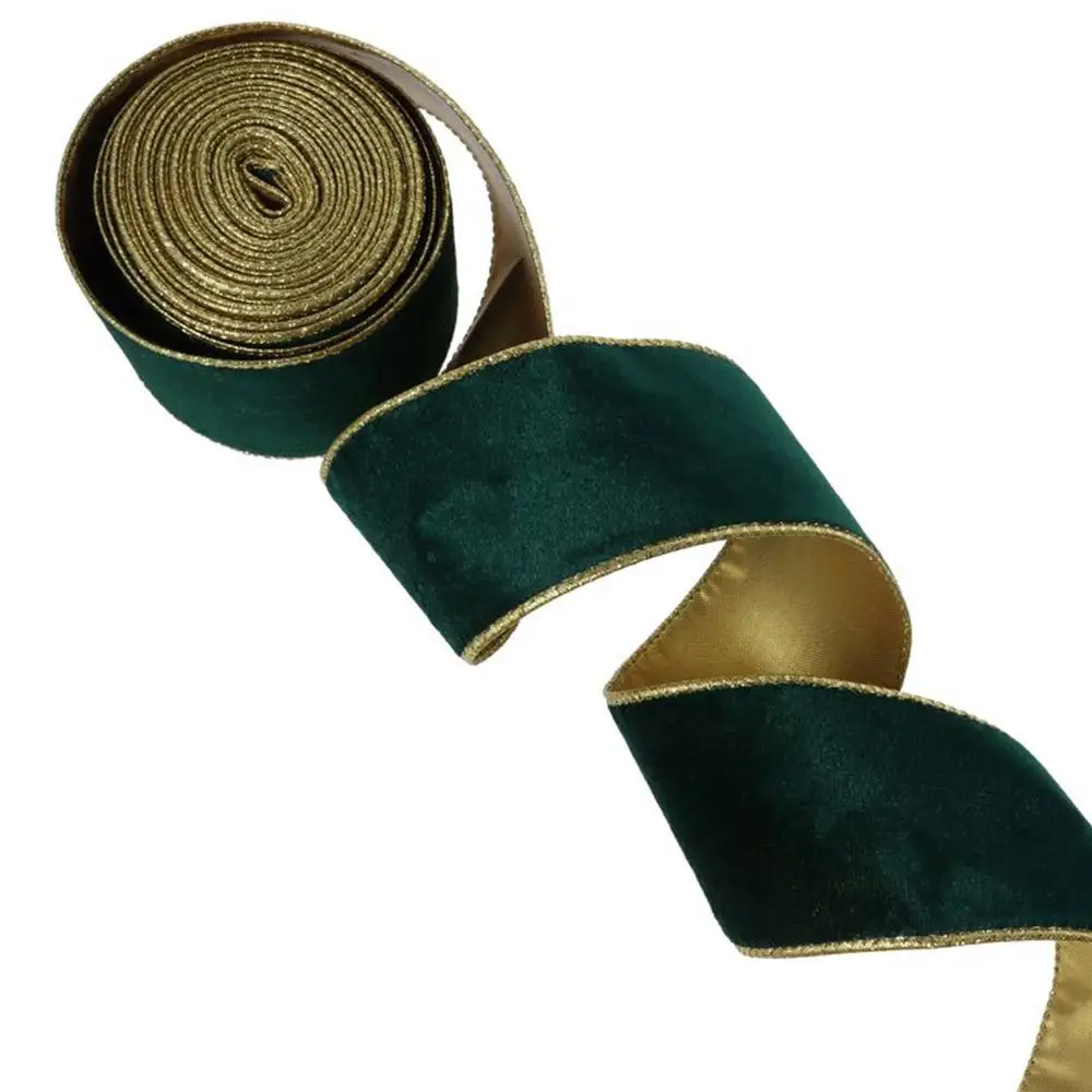 

10 Yards Golden Edge Velvet Ribbon 2.5 Inch Wide Velvet Golden Edge Ribbon Green Red Christmas Ribbon for Wedding