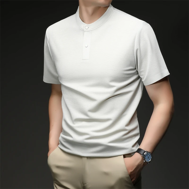 2026 New Men's Single Button Henley Neck Tee Comfortable Textured Fabric Short Sleeve For Casual And Business