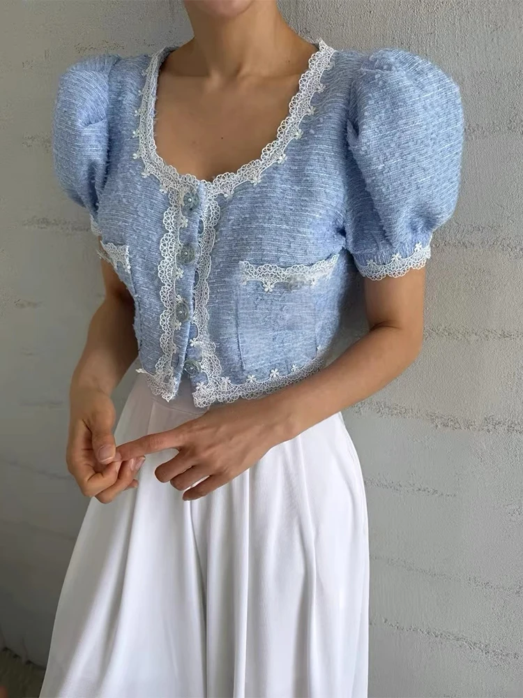 Small Fragrant Style lace patchwork puff sleeve square neck short jacket women's summer new retro pocket coarse tweed top