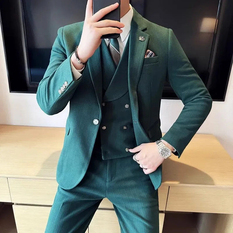 2023 Fashion New Men Blazers Boutique Business Plaid Wool Striped Wedding Host Suit 3 Pcs Dress Jacket Coat Vest Pants Trousers