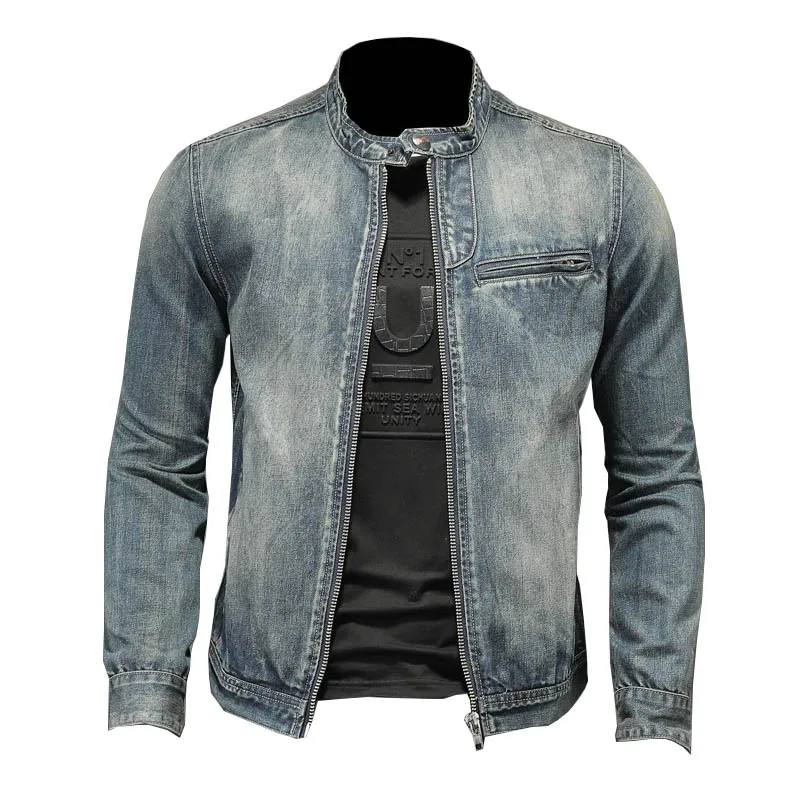 

Men Retro Biker Denim Jackets Slim Fit Solid Color Motorcycle Outwear Tops For Male Spring Autumn