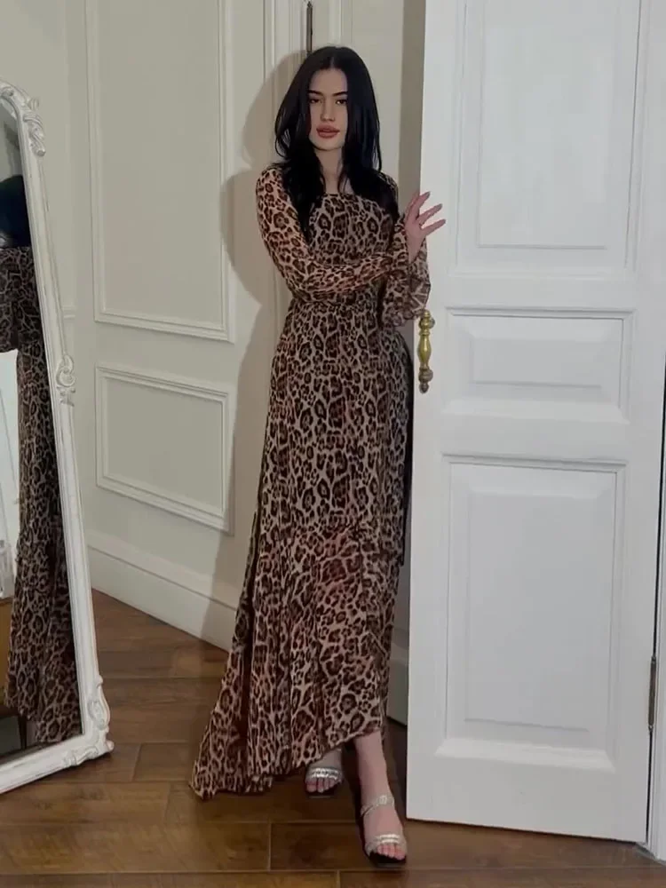 Chiffon Leopard Ruffled Maxi Dress For Women Bandage High Waist Slim Contrast Patchwork Elegant Dress Ladies Maxi Dress