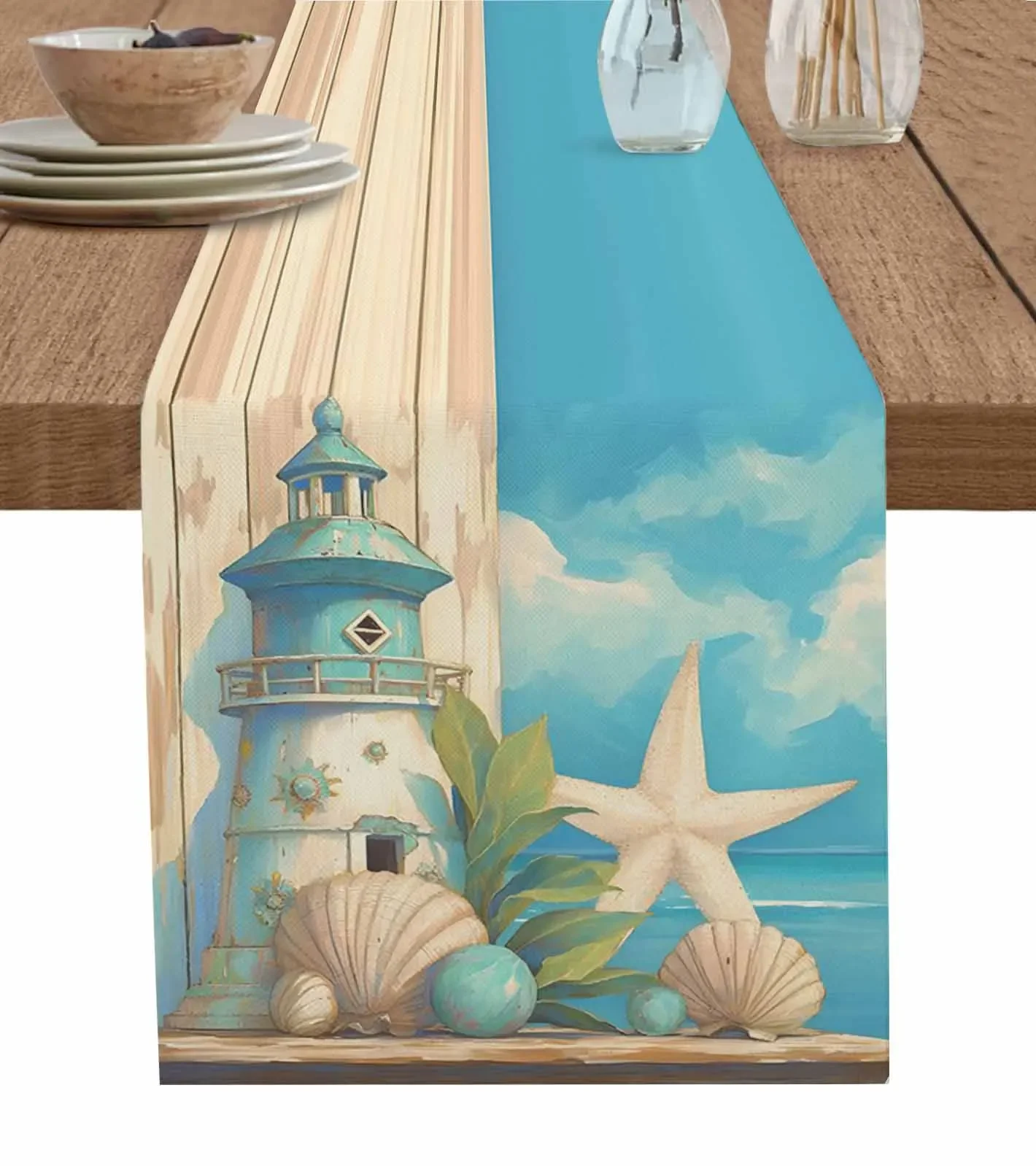 Camino de mesa de concha de estrella de mar, faro del océano, decoración de mesa de comedor de boda, mantel de vacaciones, Verano