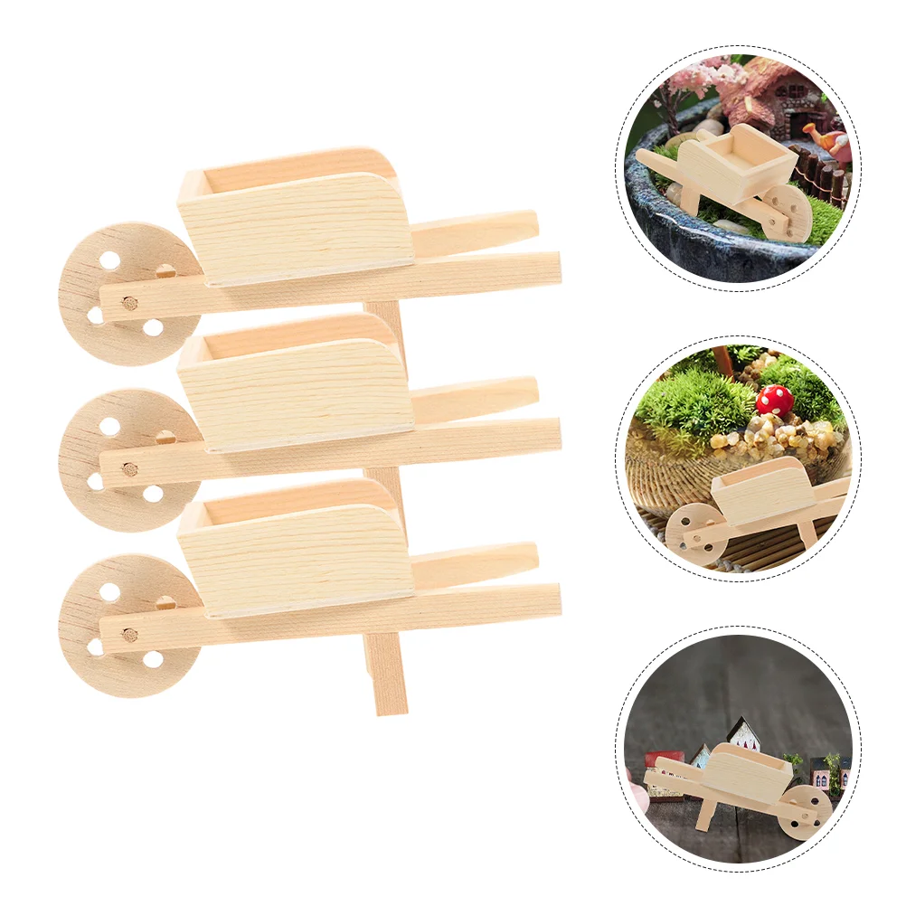 3 Pcs Mini Stroller Wooden Wheelbarrows Small Decorate Dolls House Cart Models Miniature