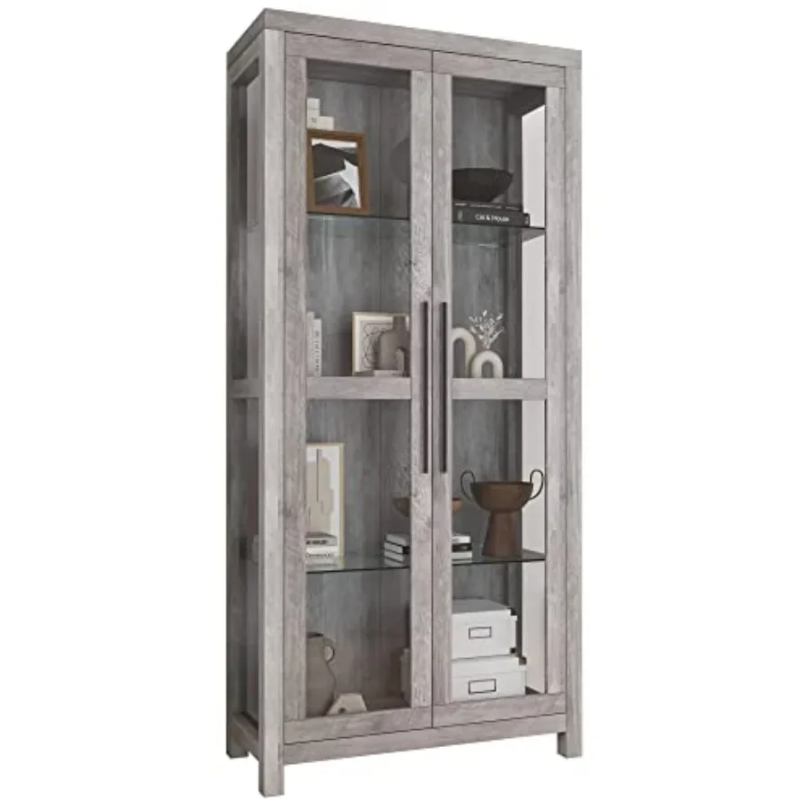 68 Avalon Glass Display Cabinet for living room - Gray Wash wood finish, tempered glass doors, modern minimalist design