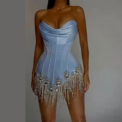 Mini vestidos de fiesta de lujo con diamantes de imitación, azul cielo, vestido de fiesta Sexy para desfile, sin tirantes, vestidos para ocasiones especiales personalizados