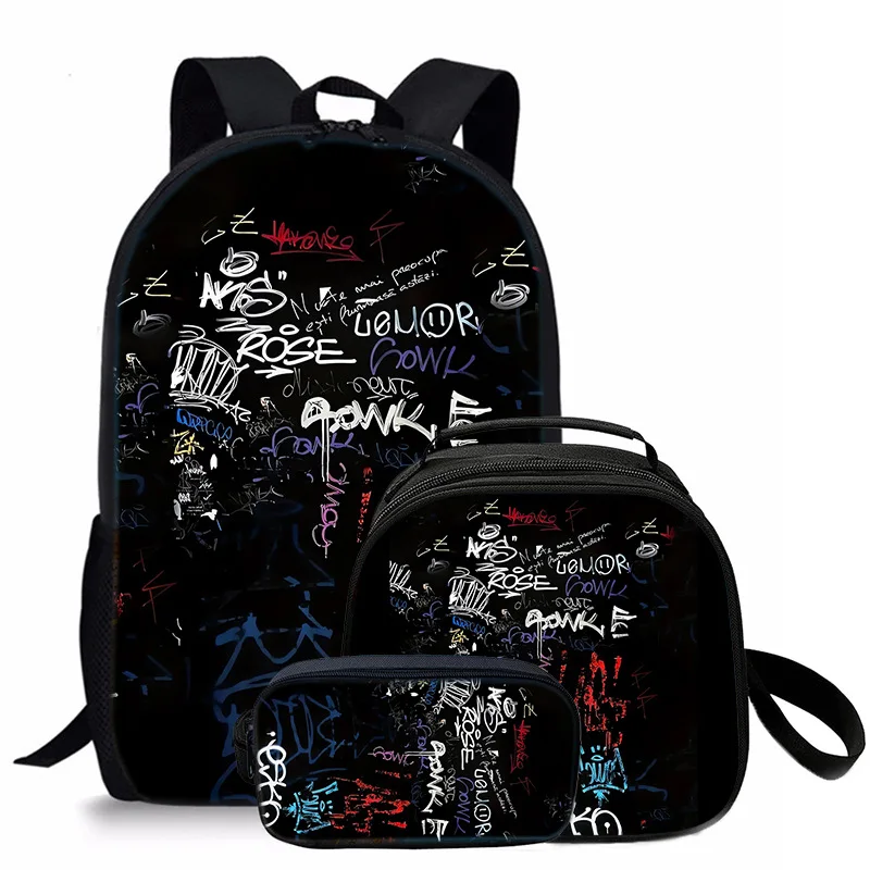 

Популярная новинка в стиле хип-хоп, граффити, 3D принт, 3 шт./компл., школьные сумки для ноутбука, рюкзак, сумка через плечо, сумка для обеда, пенал