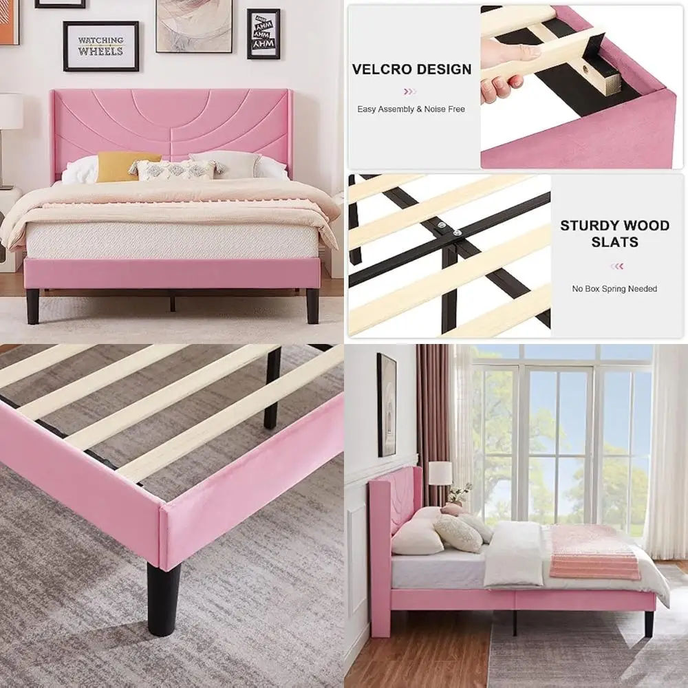 

Full Size Fabric Headboard Upholstered Platform Bed Frame with Wooden Slat Support - No Box Spring Needed
