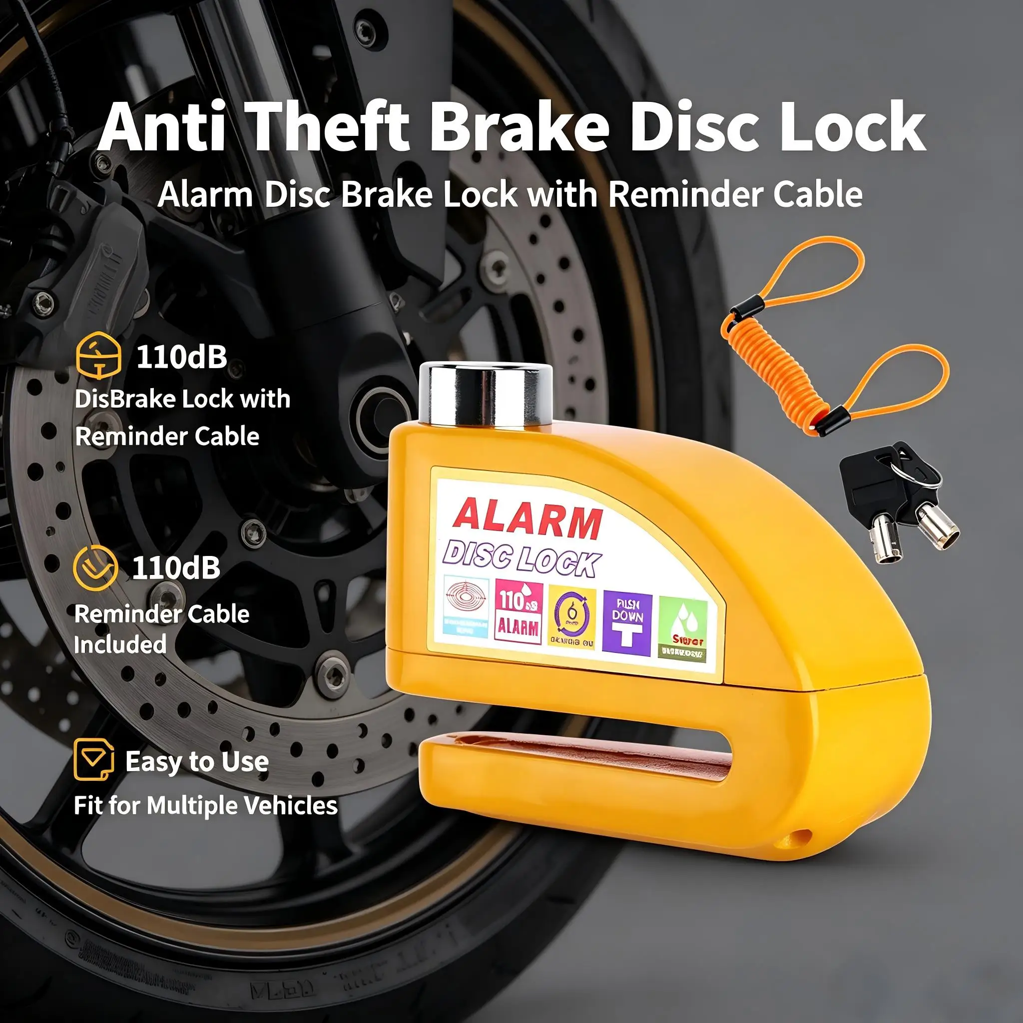 110dB Alarm Disc Lock Anti-Theft Motorcycle Brake Disc Padlock Waterproof E-Bike Scooter Bicycle Security Wheel Lock Accessories view 2