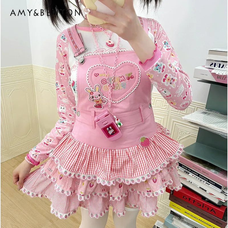 

Cute Lolita Style Kawaii Girl Pink Dress Sweet Cartoon Embroidered Strap High Waist Splicing Color Mini Fluffy Strap Dresses
