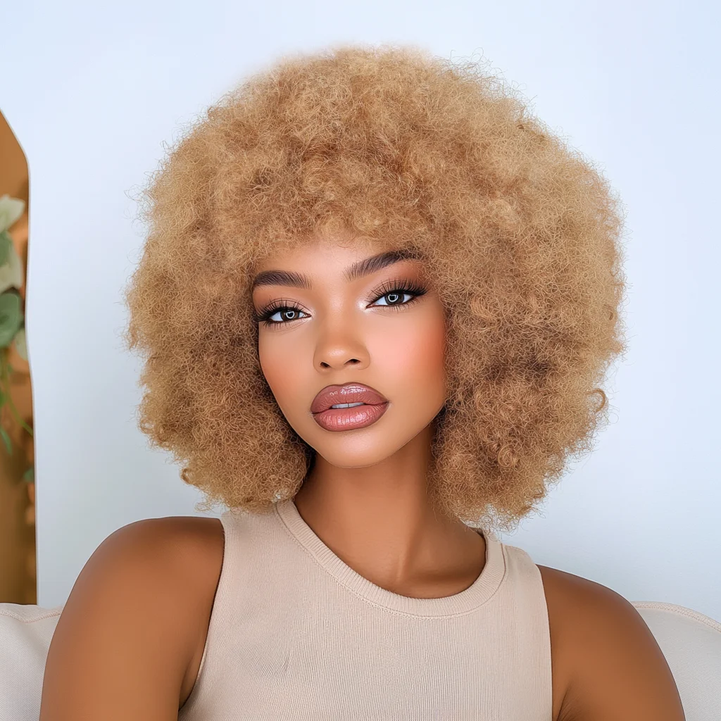 27 braune Echthaar-Perücke für Frauen, Afro-Kinky-Bulk-Perücken aus brasilianischem Haar, 100 % echt, bereit zum Tragen, kurze farbige Haarperücken