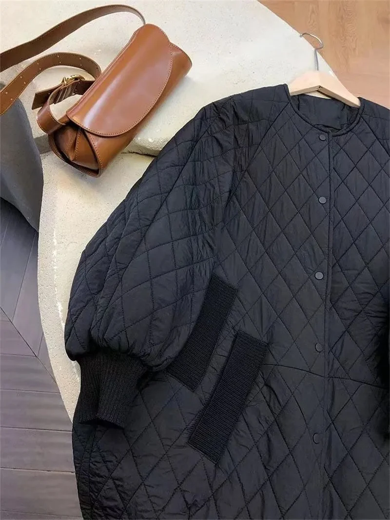 Oversized Diamond Plaid Down Cotton Jacket 2025 European Women Coat Long Lightweight Cotton Jacket Winter Parka New Coat Female
