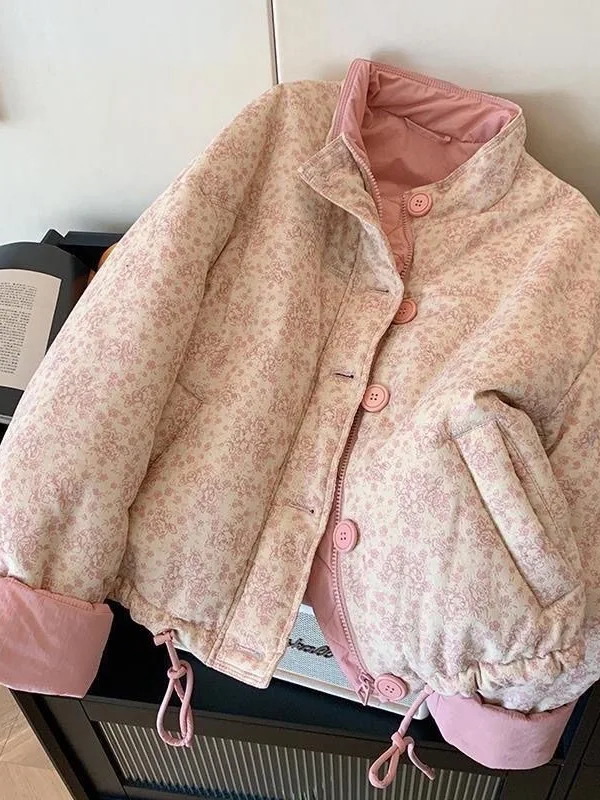 

Хлопковая куртка с милым цветочным принтом, свободная повседневная куртка с воротником-стойкой, осень-зима, женская одежда небольшого размера, корейское длинное пальто све