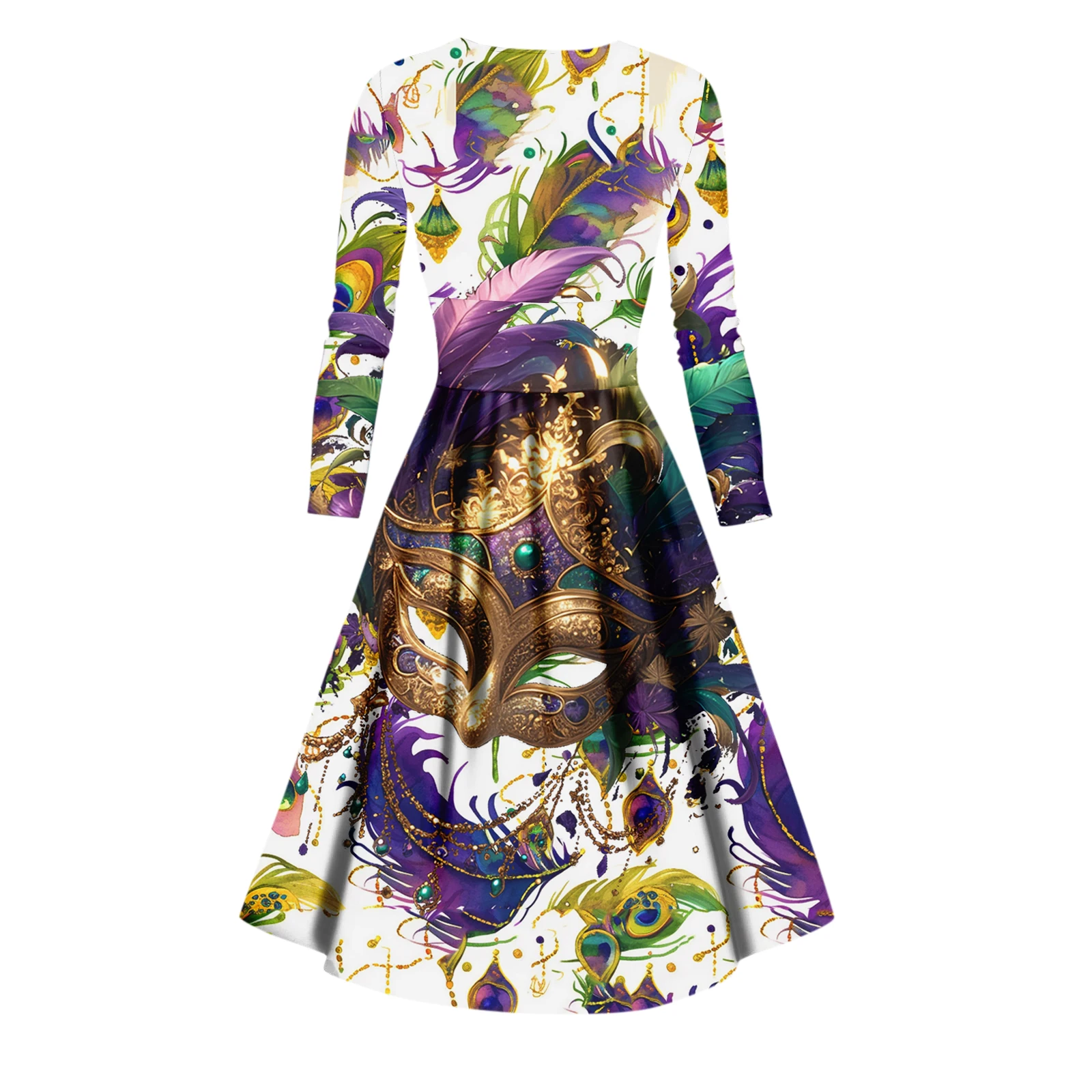 ชุดเดรสแม็กซี่พิมพ์ลายคาร์นิวัลชุดเดรสแฟชั่นลำลองของผู้หญิงแขนยาวคอวีชุดเดรสกระเป๋าเซ็กซี่สำหรับฤดูใบไม้ผลิและฤดูใบไม้ร่วงสวมใส่ทุกวัน