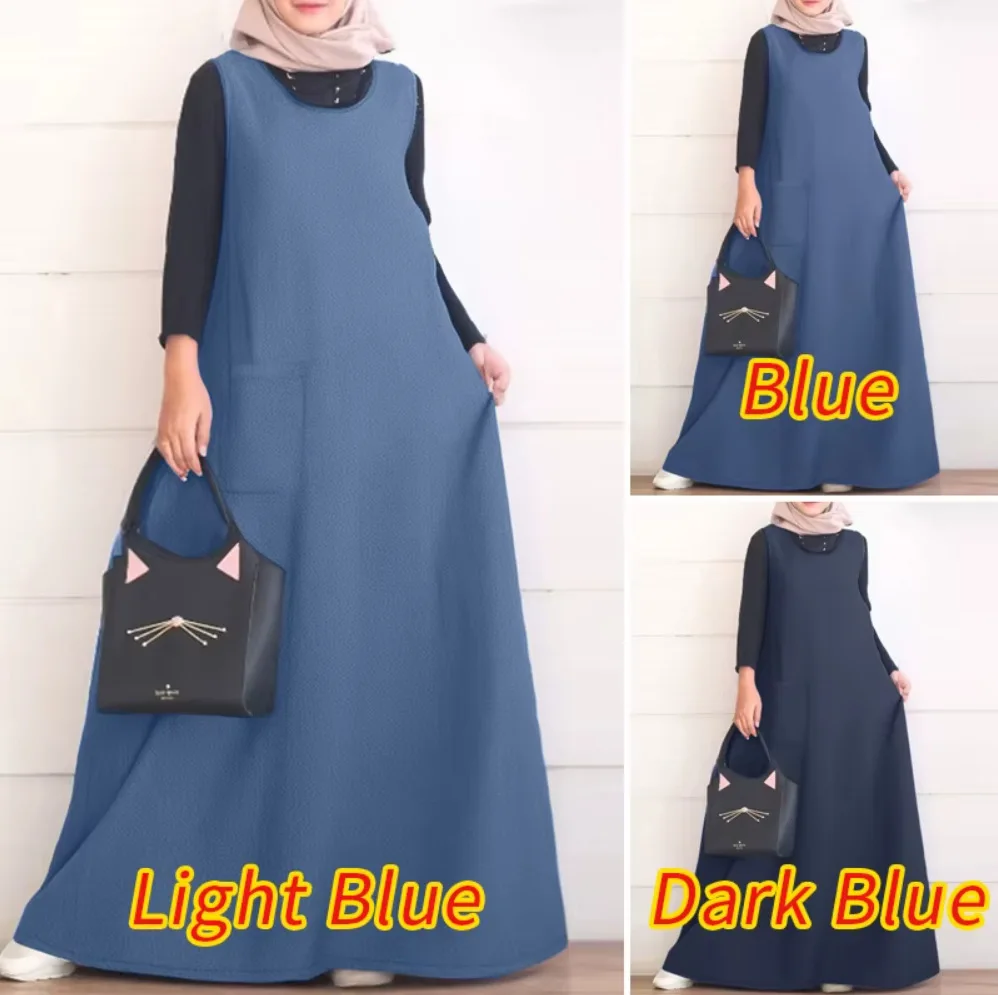 

2025 New Muslim Fashion Loose Large Sleeveless Long Solid Color Cowboy Dress Robe Abaya Ramadan Dubai Luxury Islam Elegant