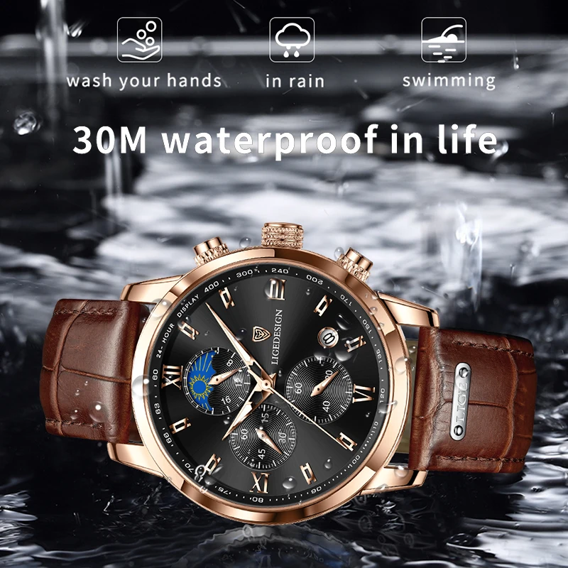 LIGE Top Brand Quartz Watch For Men Causal Style Waterproof Watches Leather Strap Wristwatch Luminous Chronograph Reloj Hombre