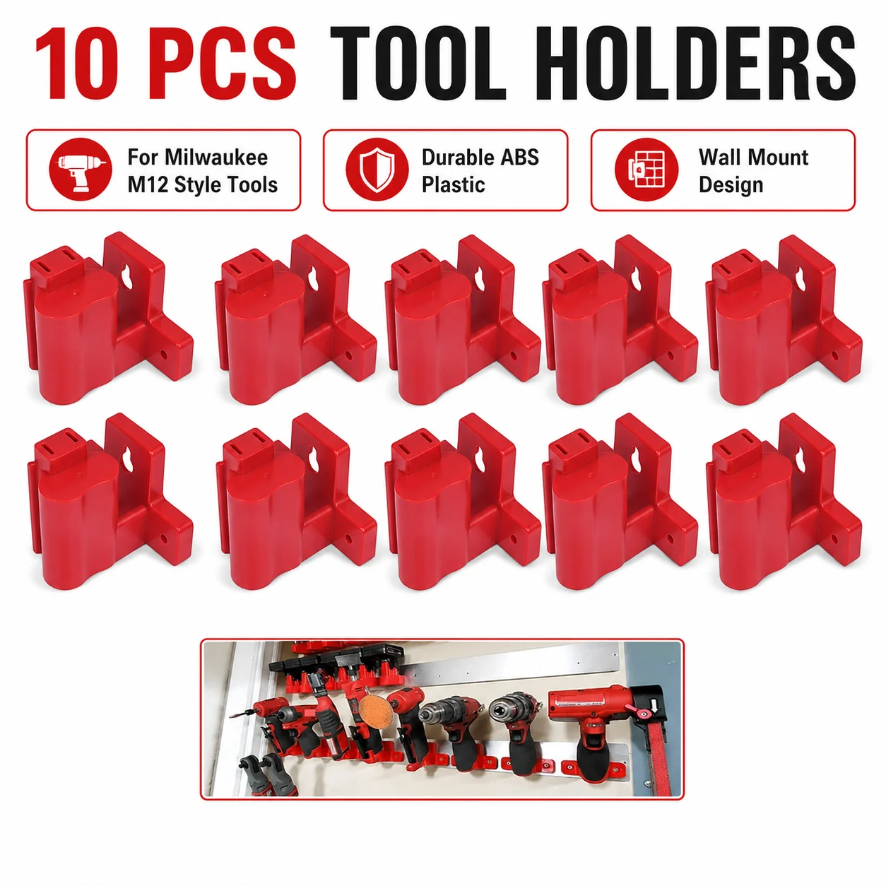 10pcs ABS Plastic Wall Mount Tool Storage Holder for Milwaukee M12 12V Cordless Power Tool Fit Hanging Rack Workshop Organizer