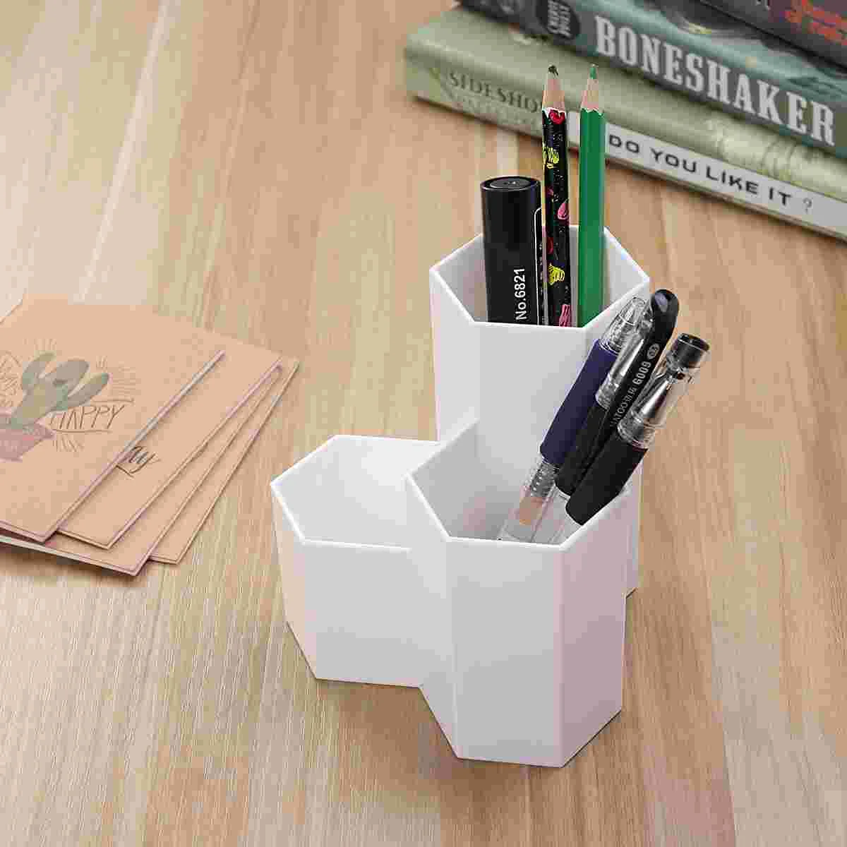 Pen Holder Hexagon Desk Holder Stand Slot Pen Cup Makeup Pot Box Stationery Organizer for Home Office School Black