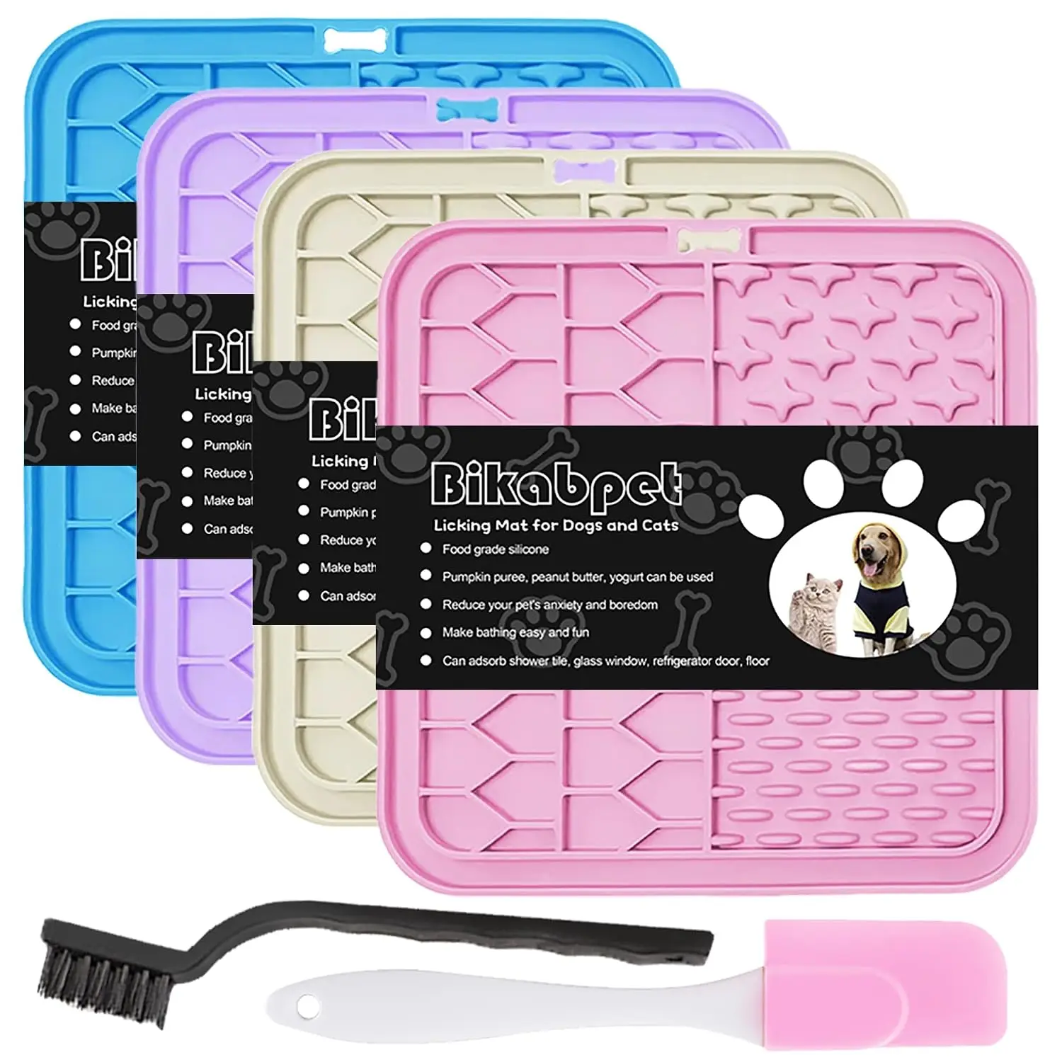 Lick Mat for Dogs & Cats, Slow Feeder Pad with Suction Cups for Anxiety Relief Bathing Grooming, 4Pack, Customized