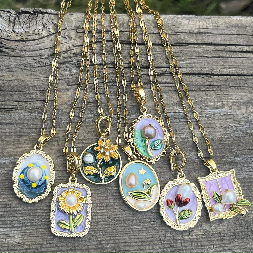 Süße Edelstahl Charm Halskette Neue Tropf Öl Emaille Kunst Intarsien Perle Blume Oval Anhänger Halsketten Für Frauen Schmuck Geschenk