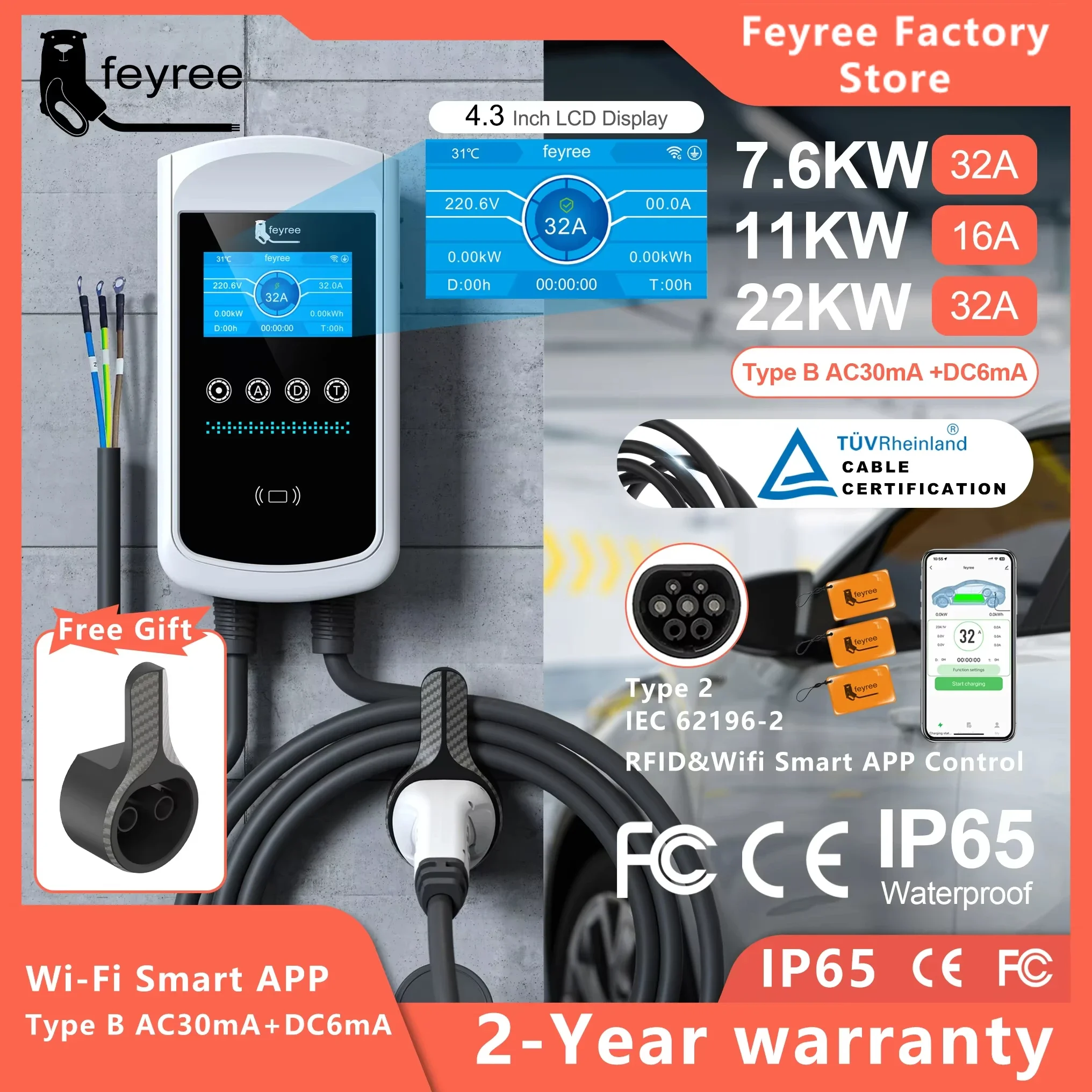 Feyree 22KW 32A Type2 EV Caricatore 11KW 3P EVSE Wallbox 7.6KW 1P Schermo da 4,3 pollici Nuovo Smart APP Controllo Stazione di ricarica Caricabatteria per auto