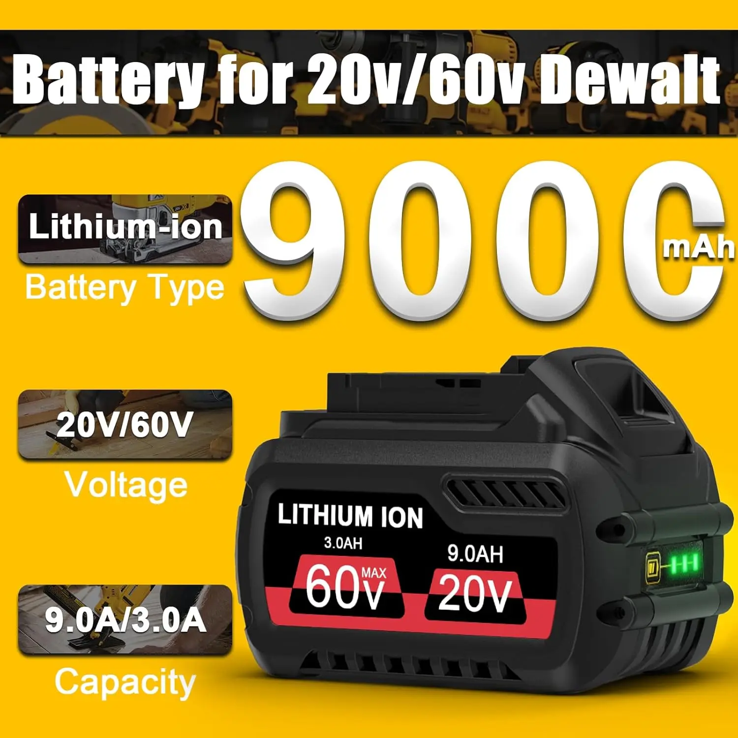 9.0Ah Replacement for dewalt flexvolt 20v/60v max Battery DCB606 DCB609 DCB612 DDCB200 DCB201 DCB203 DCB204 DCB206, Compatible w