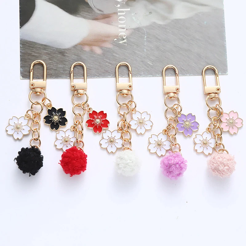 Fashion Hairball Key Chain Flowers Phone Pendant Car Key Ring Headphone Case Charms Bag Decor Accessories