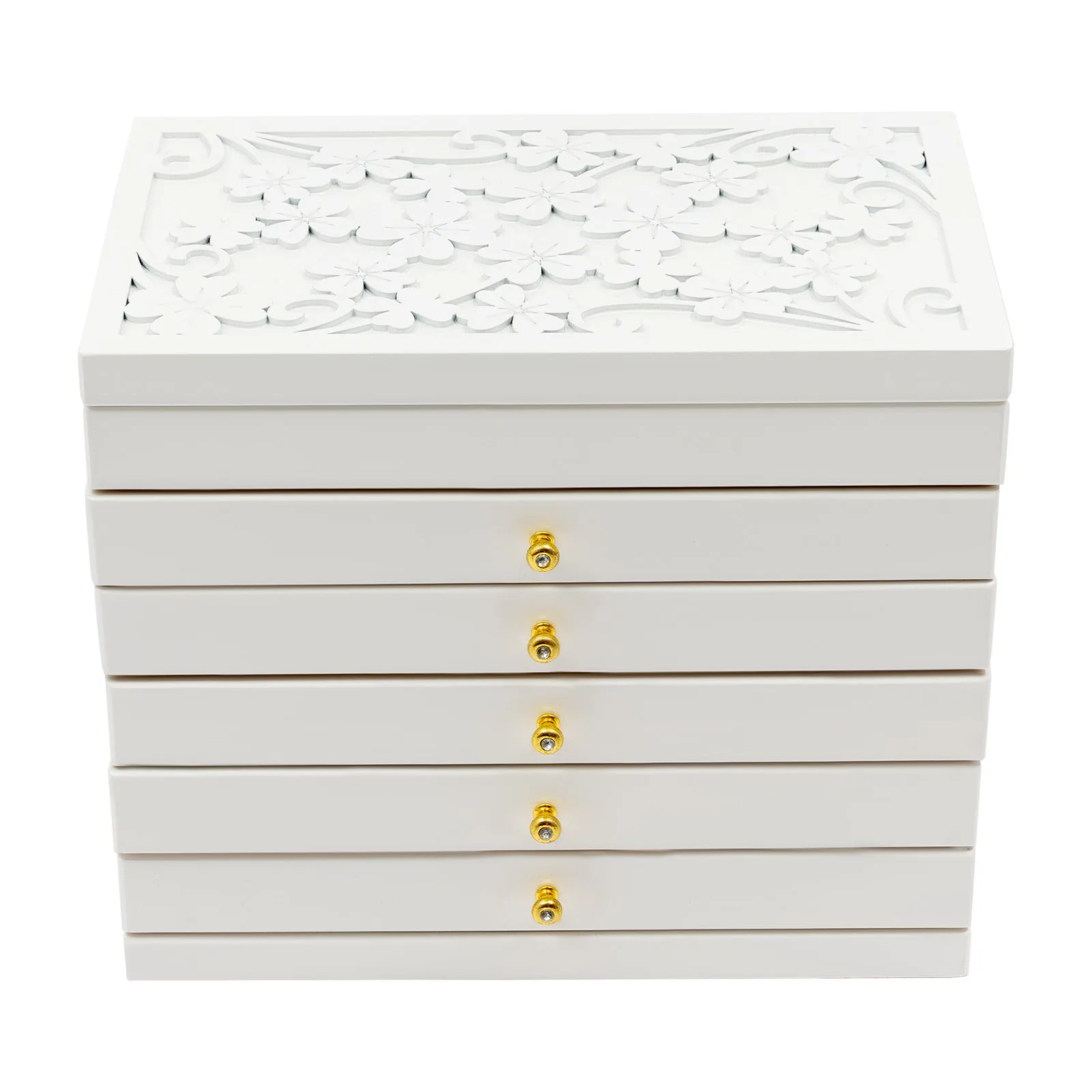 6-Schichtige Schmuck-Aufbewahrungsbox mit Spiegel, Kleeblatt-Gravur, Schmuck-Organizer, Weiß, Vintage-Stil, Aufbewahrungsbox für Ohrringe und Ringe – Detail 2