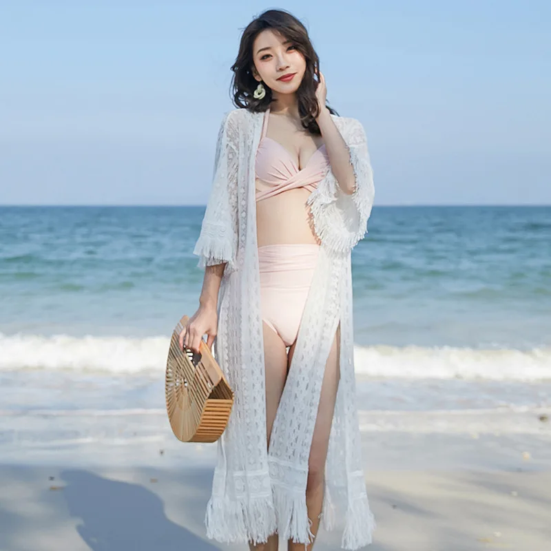 Boho Style Hollow Out Lace Cardigan for Women Summer Midi-length Tassel Beach Shawl Seaside Vacation Sun-Protection White Shirts