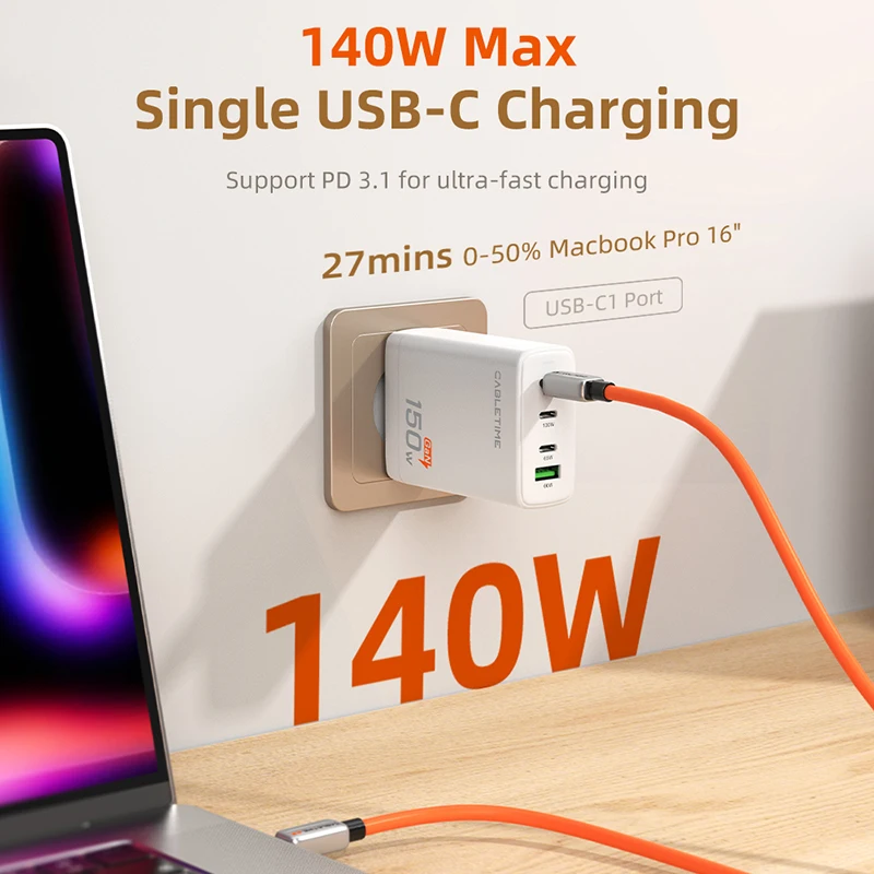 CABLETIME USB C Charger 150W PD GaN Fast Charger 4 in 1 USB C Charging Hub For High-speed Charging Safety for MacBook Pro iPad