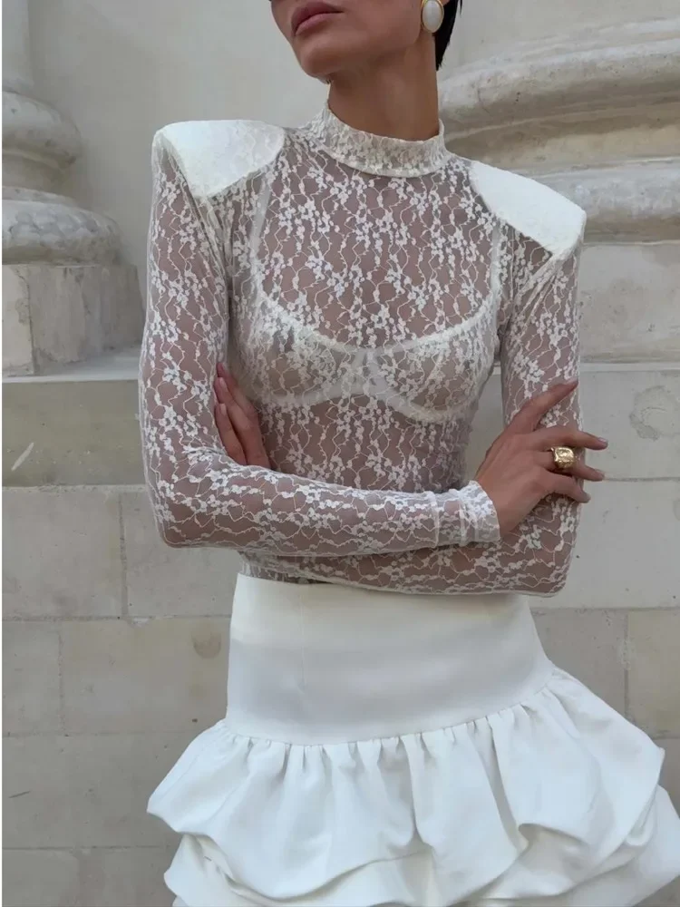 

2025 Sexy Lace Patchwork Long Sleeve Tight Bodysuit Women Perspective Slim Zipper Romper Female Autumn Winter New Rompers