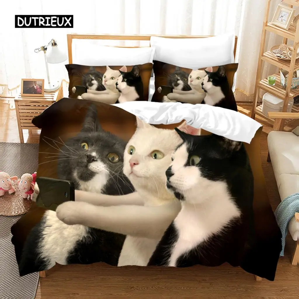 Duvet Cover Funny Cute Photograph Cats Bedding Set Fashion Duvet Cover Pillowcase Bedroom Black Cat Bedspreads Bed Set for Kids