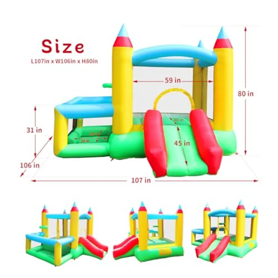 Casa inflable de rebote con tobogán, castillo saltador de 107x106x80 pulgadas con soplador y juego de baloncesto para piscina de pelotas