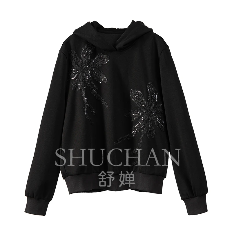 

Casual Loose Handmade Bead Embroidered Hooded Sweatershirt Women COTTON POLYESTER SPANDEX Sweatshirt Hoodie