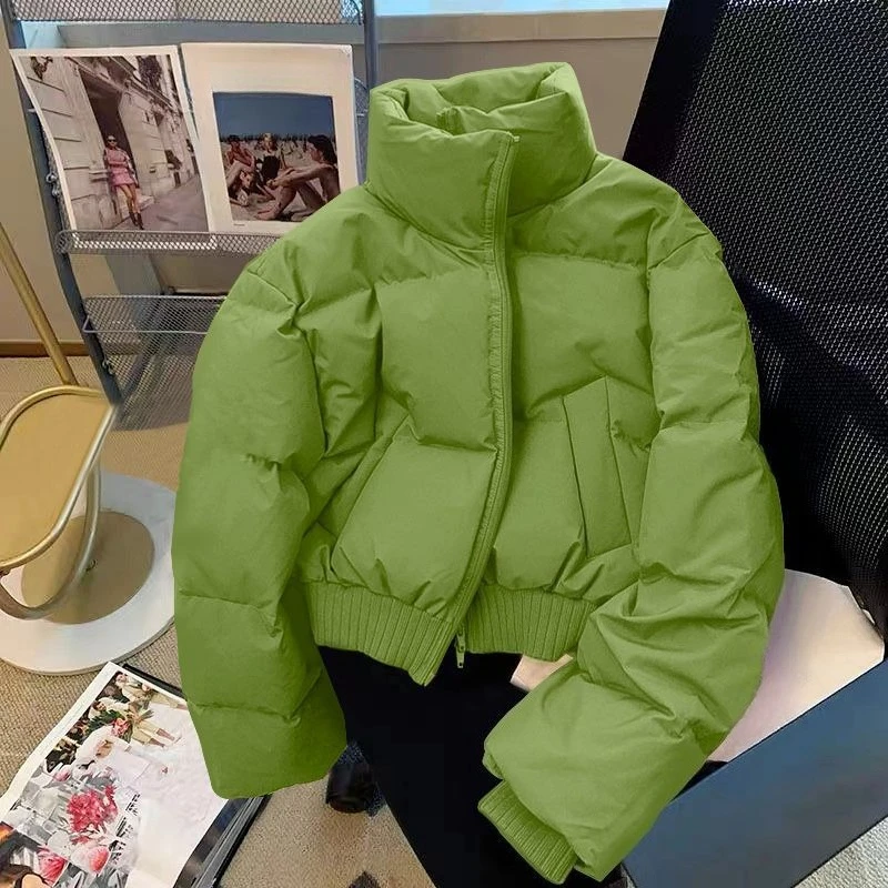 

Green Cotton-padded Clothes Women Autumn Winter Cotton-padded Jackets Thickened Stand-up Collar Bread High-waisted Short Jackets