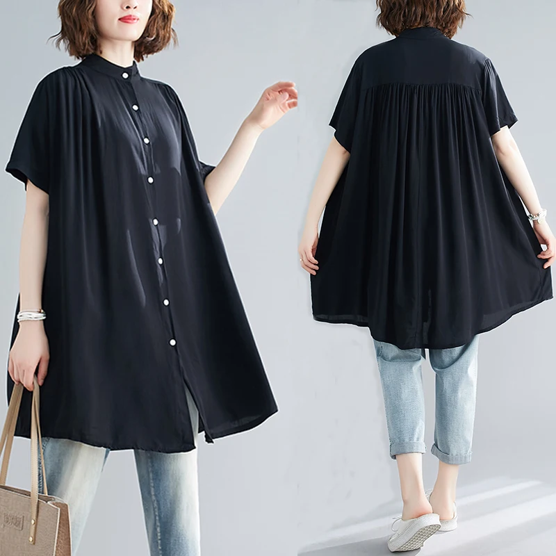 

plus Size Women's Summer irt Loose ort Sve Color Midi Length Belly Covering Slimming Cotton Korean Sle Blouse